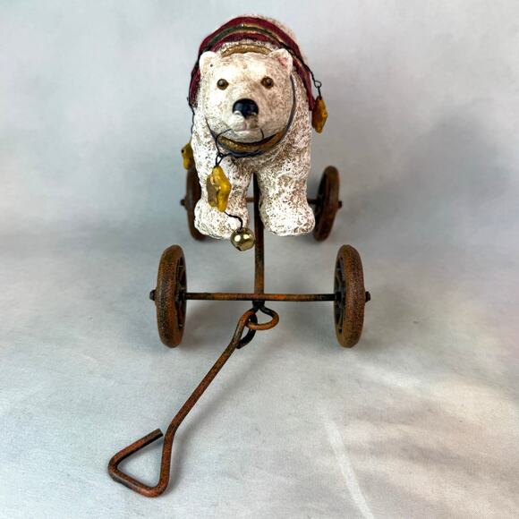 Vintage Rustic Holiday Christmas Polar Bear Wagon Figurine On Wheels - Picture 3 of 6